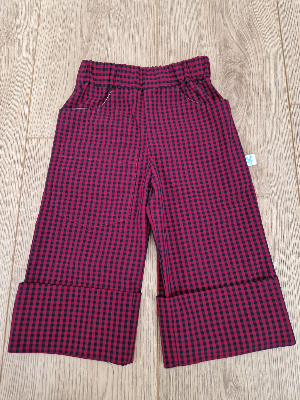 Red Blue Checkered Trousers with animal print pocket - Aged 1-2