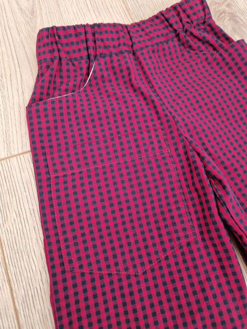 Red Blue Checkered Trousers with animal print pocket - Aged 1-2