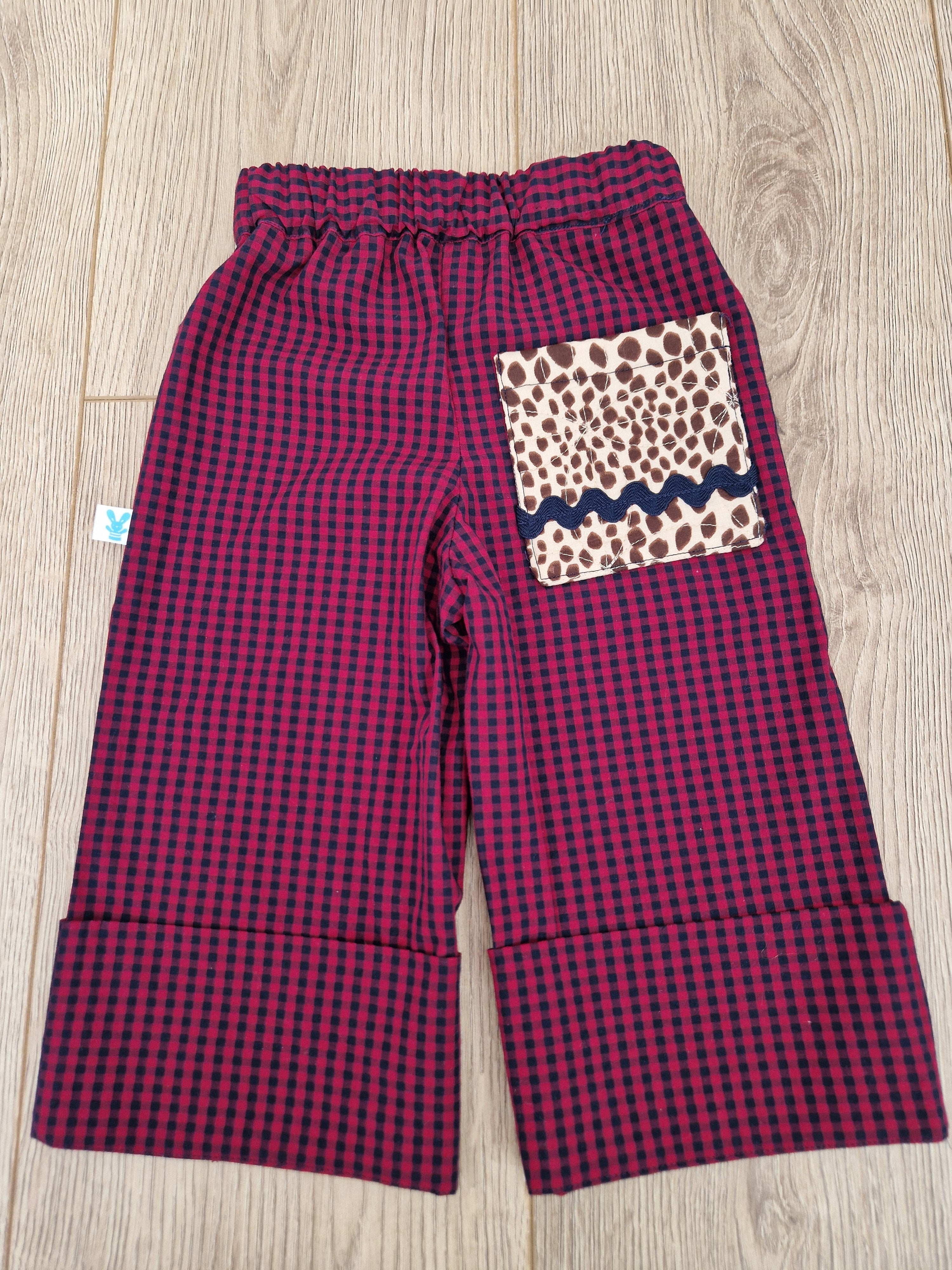 Red Blue Checkered Trousers with animal print pocket - Aged 1-2
