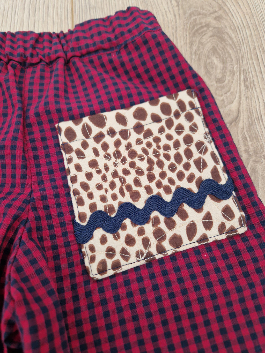 Red Blue Checkered Trousers with animal print pocket - Aged 1-2