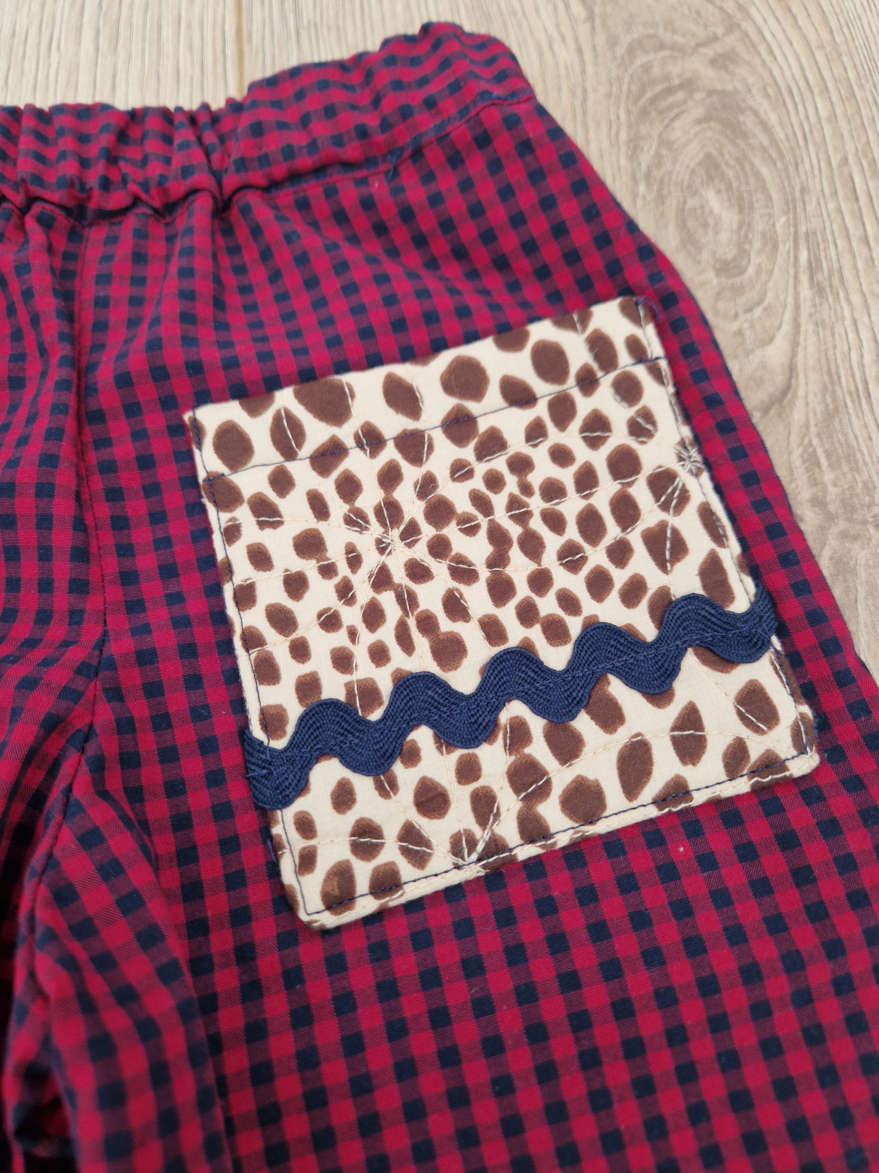 Red Blue Checkered Trousers with animal print pocket - Aged 1-2