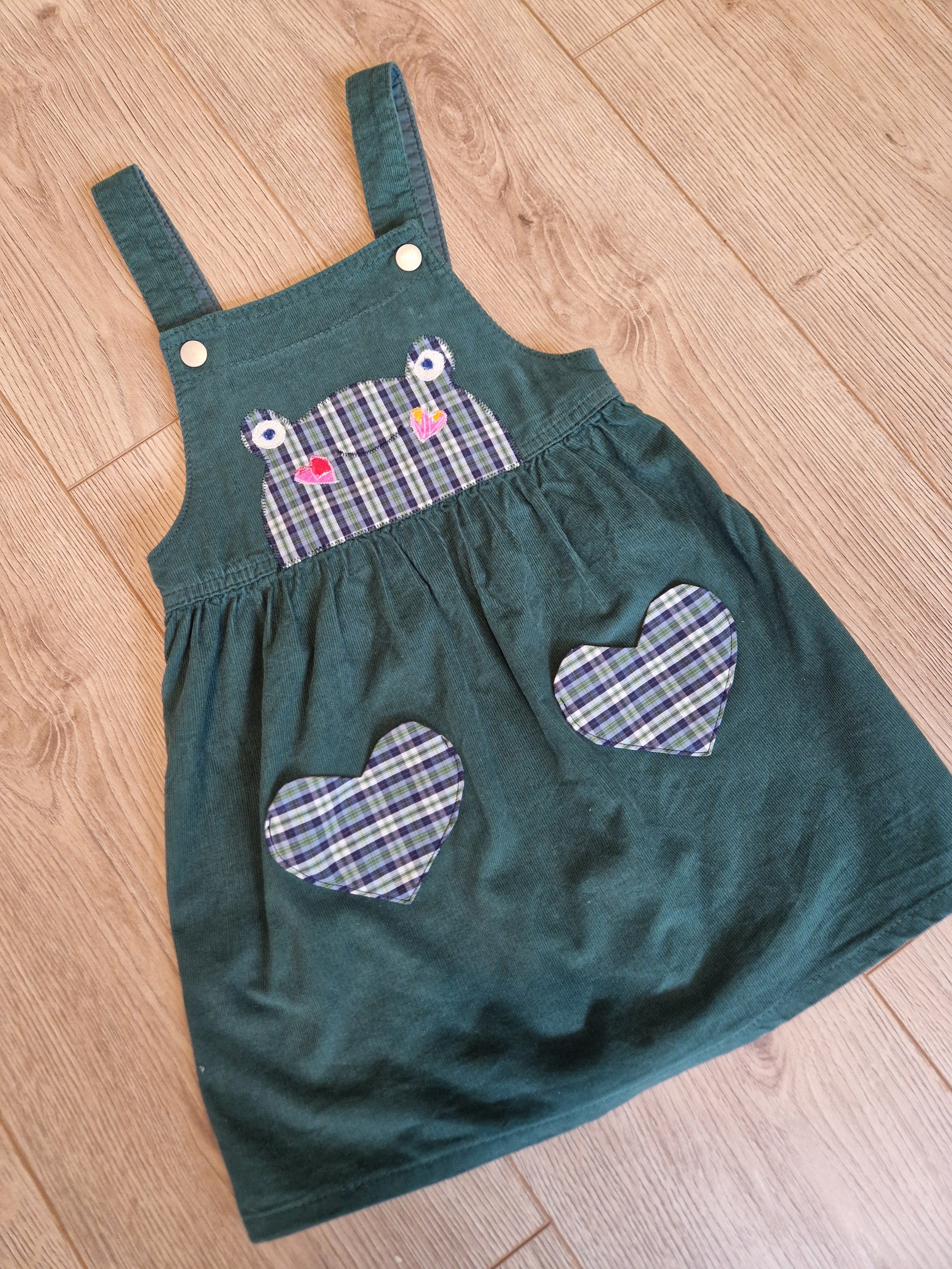 Green Corduroy Pinafore Dress with Frog Applique