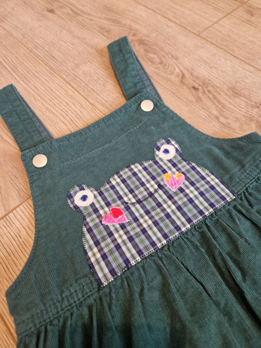 Green Corduroy Pinafore Dress with Frog Applique