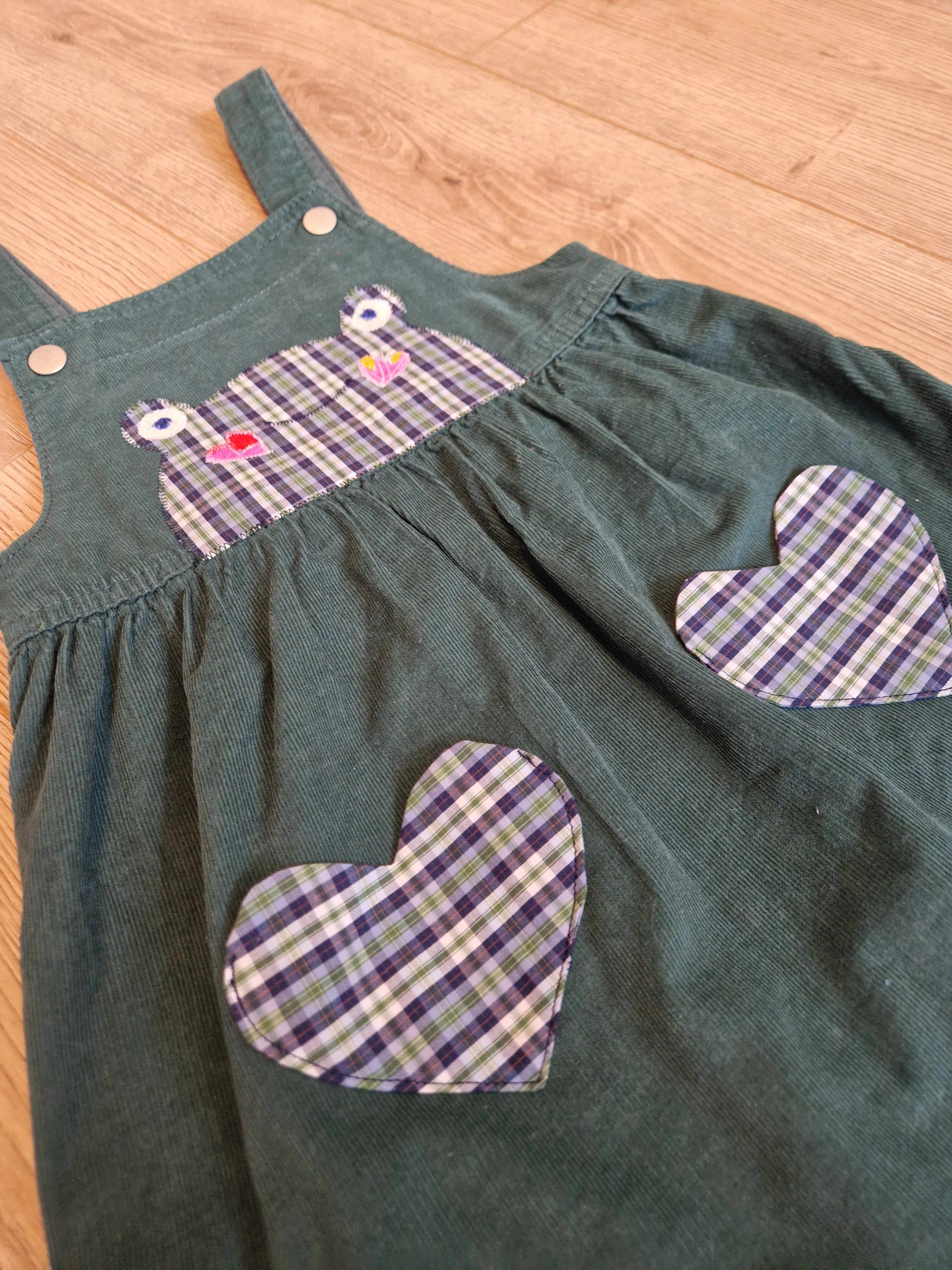 Green Corduroy Pinafore Dress with Frog Applique