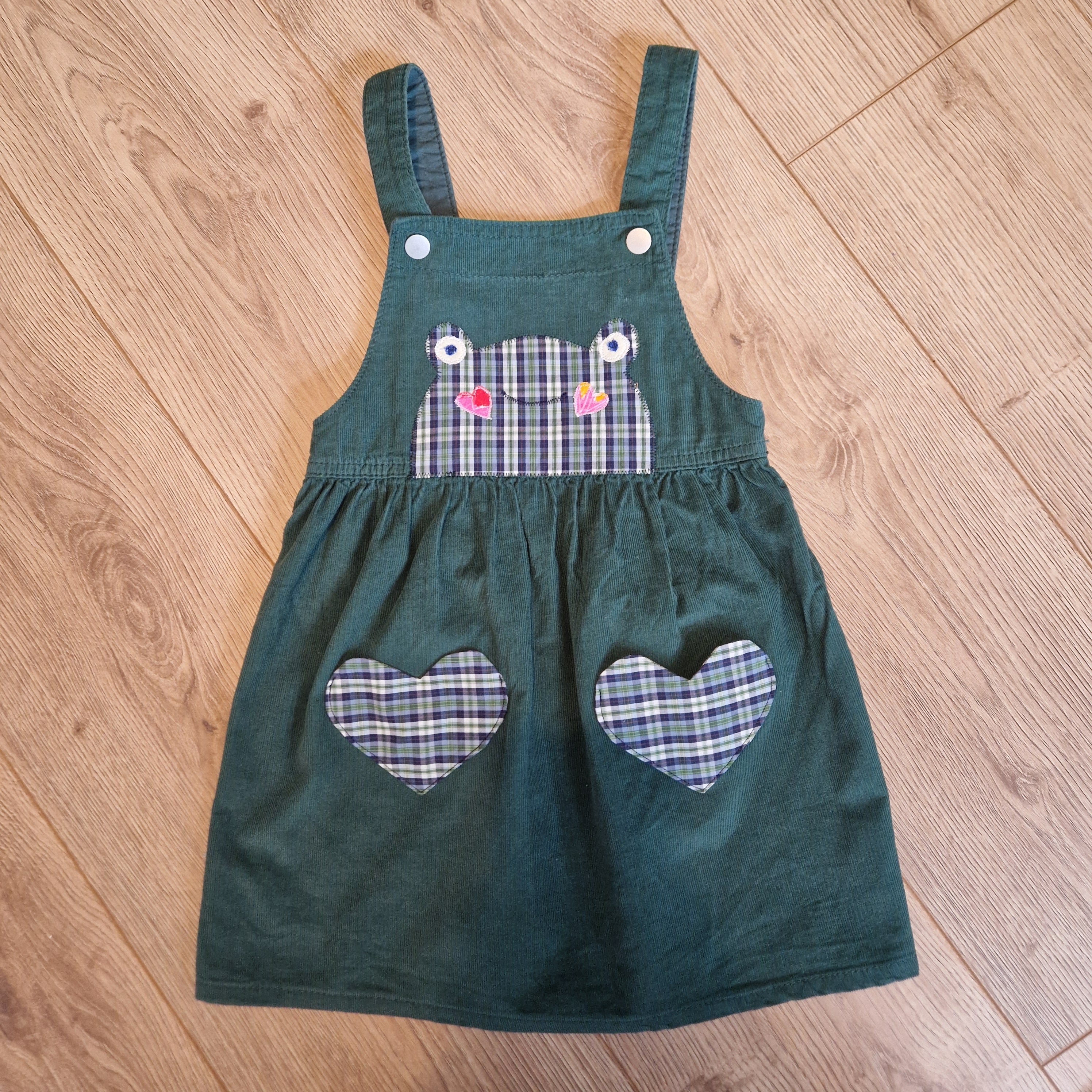 Green Corduroy Pinafore Dress with Frog Applique