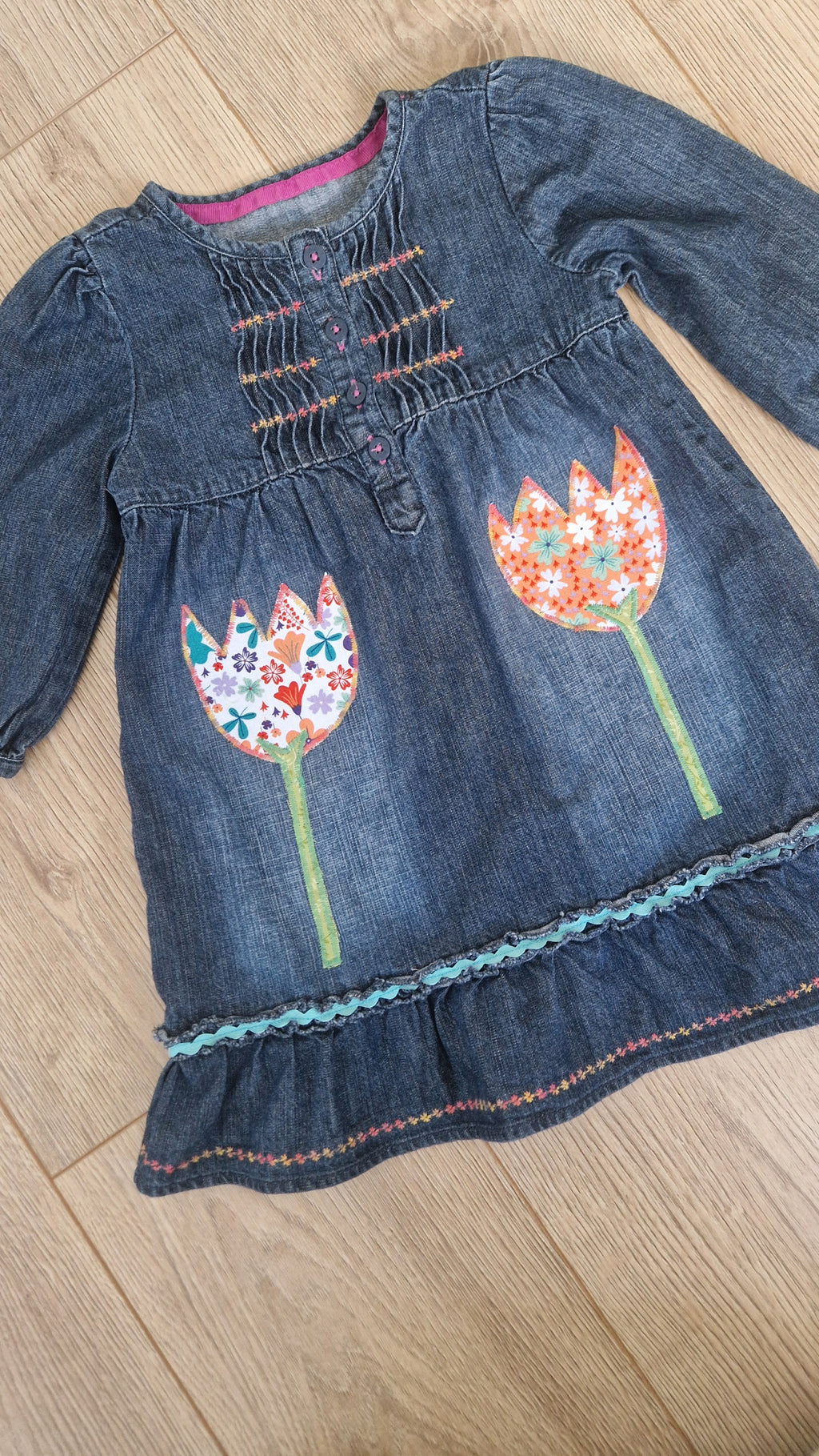 Flower Applique Denim Dress - Aged 2-3