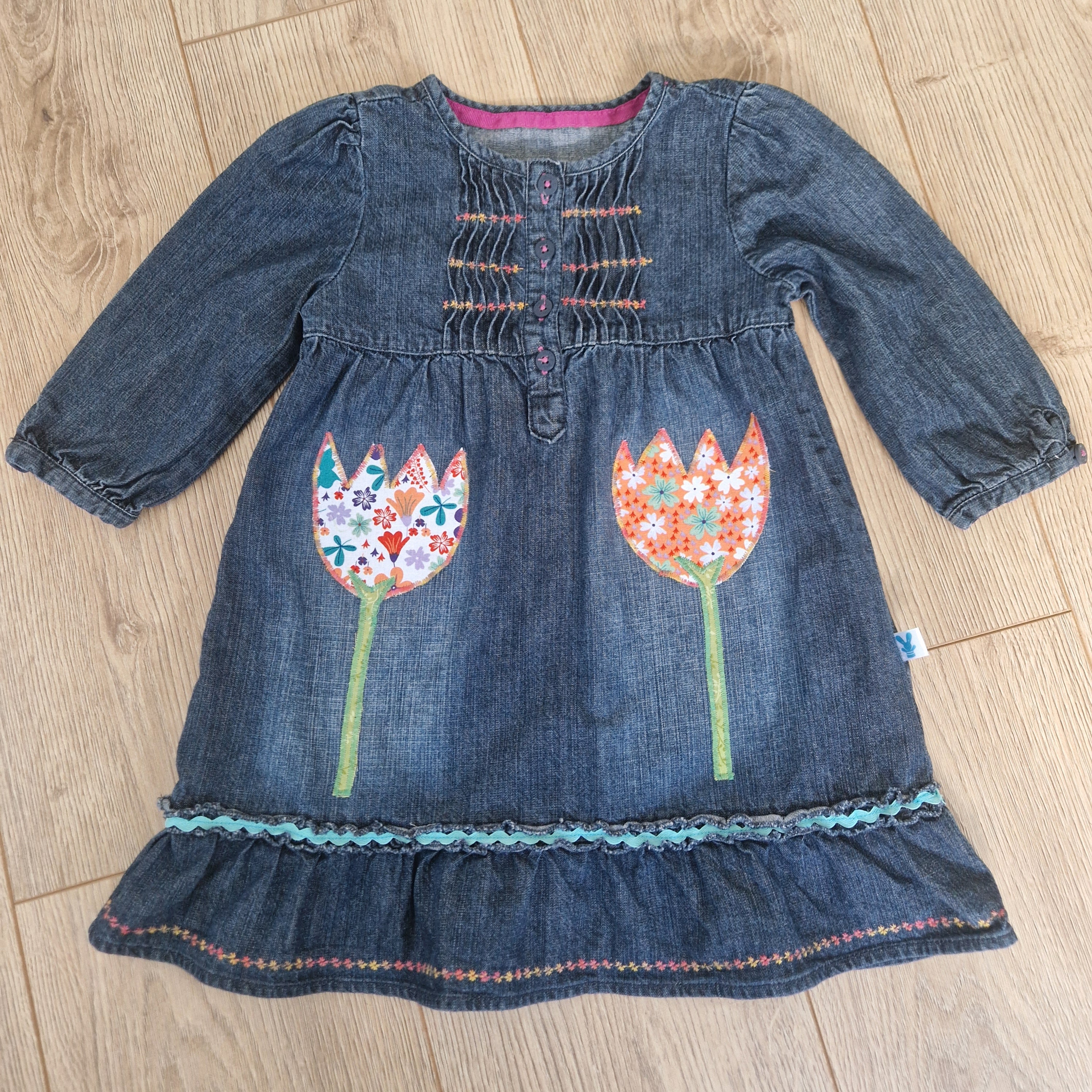 Flower Applique Denim Dress - Aged 2-3