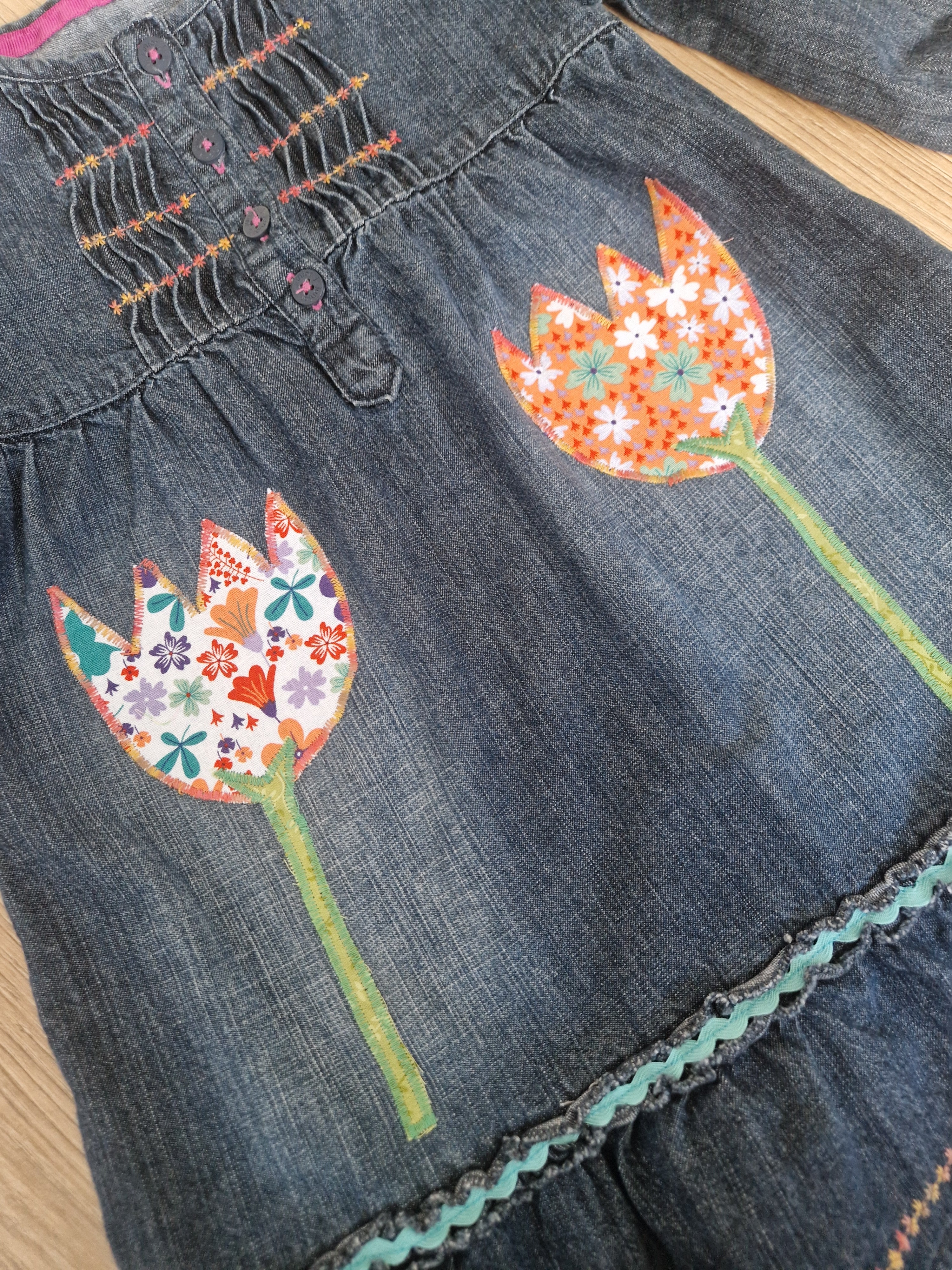 Flower Applique Denim Dress - Aged 2-3
