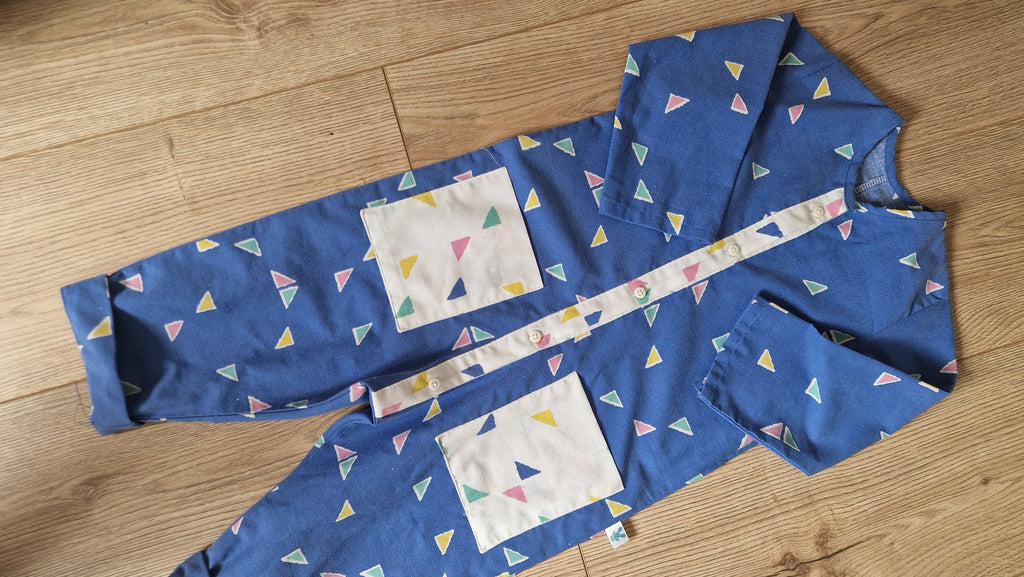 SAMPLE - Blue Geometric Pattern Button-Up Boiler Suit - Age 1-2
