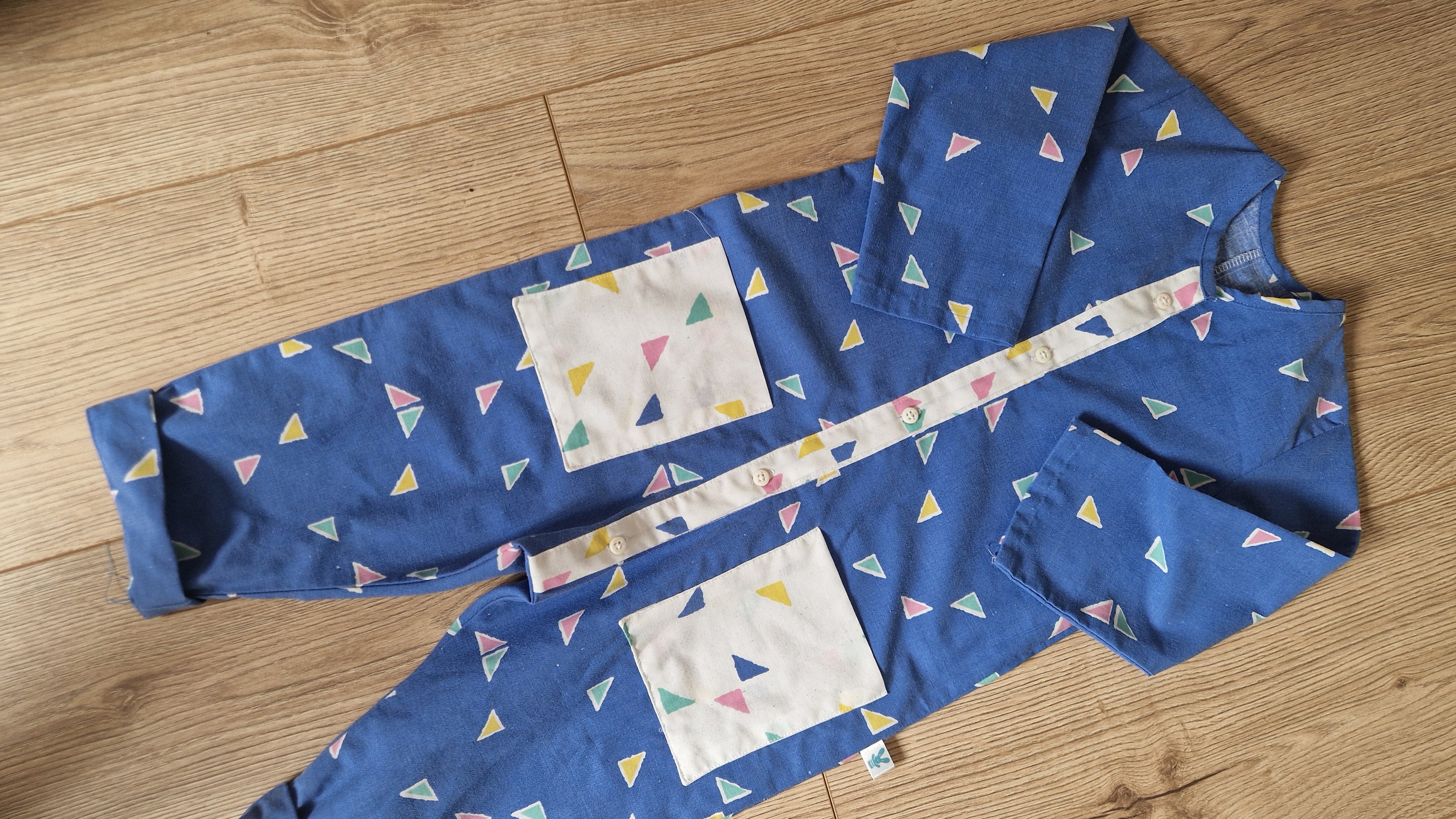SAMPLE - Blue Geometric Pattern Button-Up Boiler Suit - Age 1-2