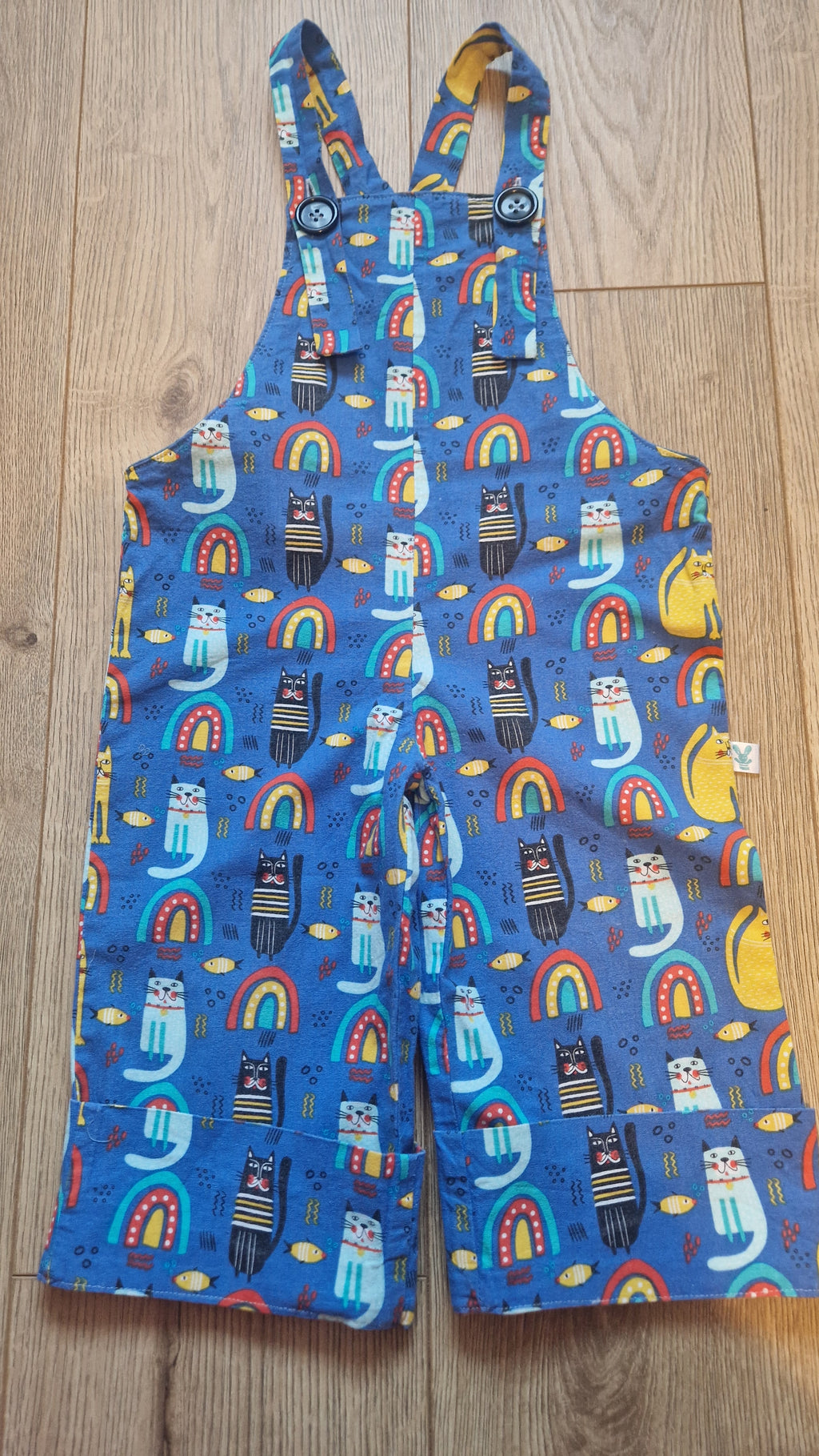 SAMPLE - Cats and Fish Navy Dungarees - Age 1.5-2.5