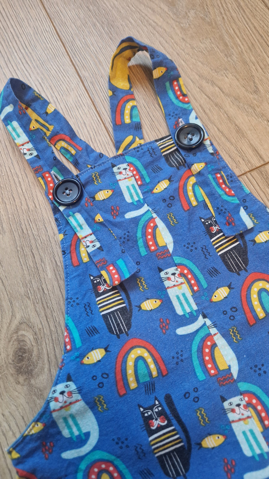 SAMPLE - Cats and Fish Navy Dungarees - Age 1.5-2.5