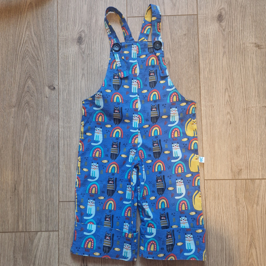 SAMPLE - Cats and Fish Navy Dungarees - Age 1.5-2.5